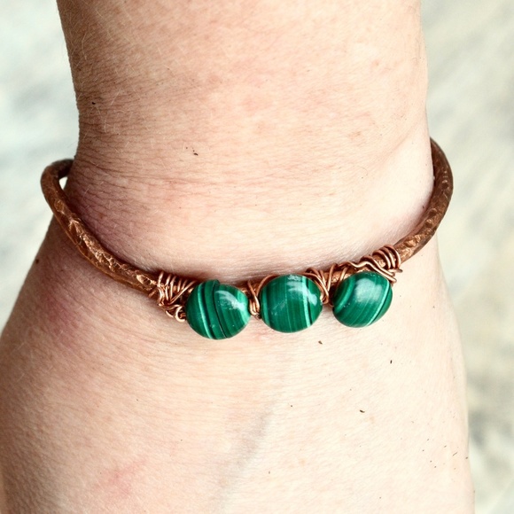 Malachite Green Natural Genuine Solid Copper Cuff - Picture 1 of 6